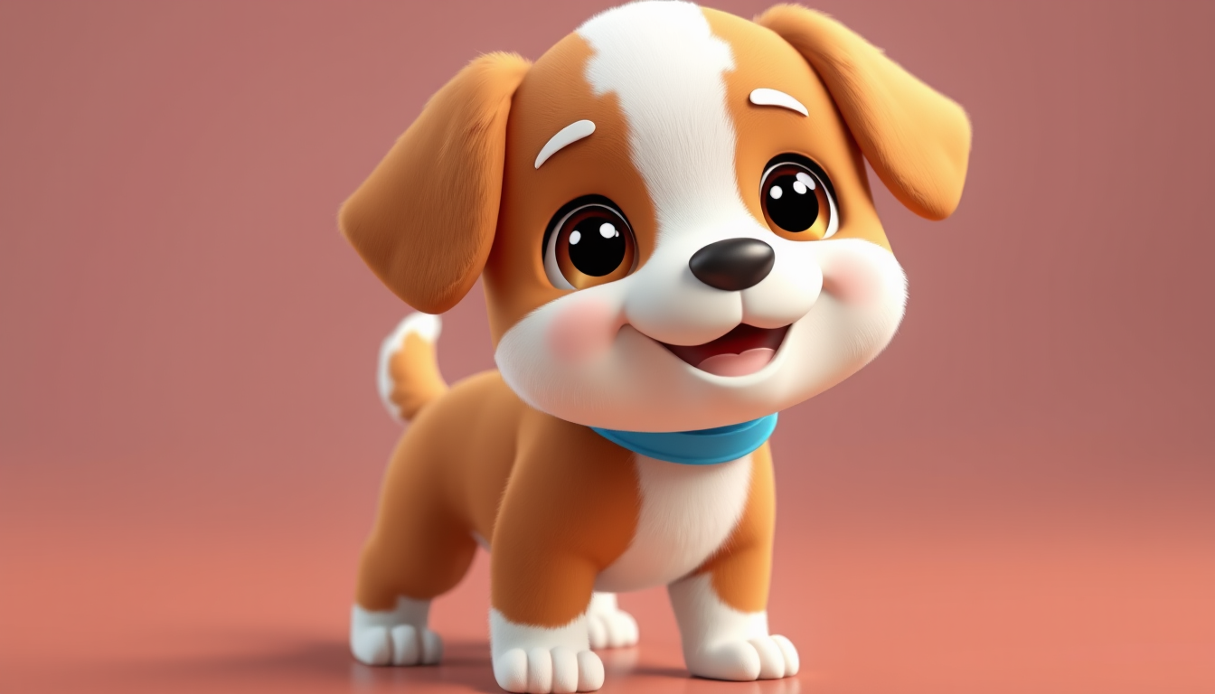 Main art studio: A cute small fluffy puppy named Bobo, designed in exactly the same colorful 3D children's animation style as Aru and Mia, brown-and-white fur, big exp