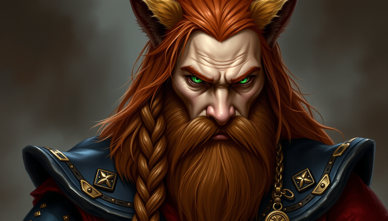 Main art studio: D&D, dwarven, cleric, werelion, green eyes, only cat ears, human features, Auburn hair full mane, Long braided beard. black, red, and gold clothing co