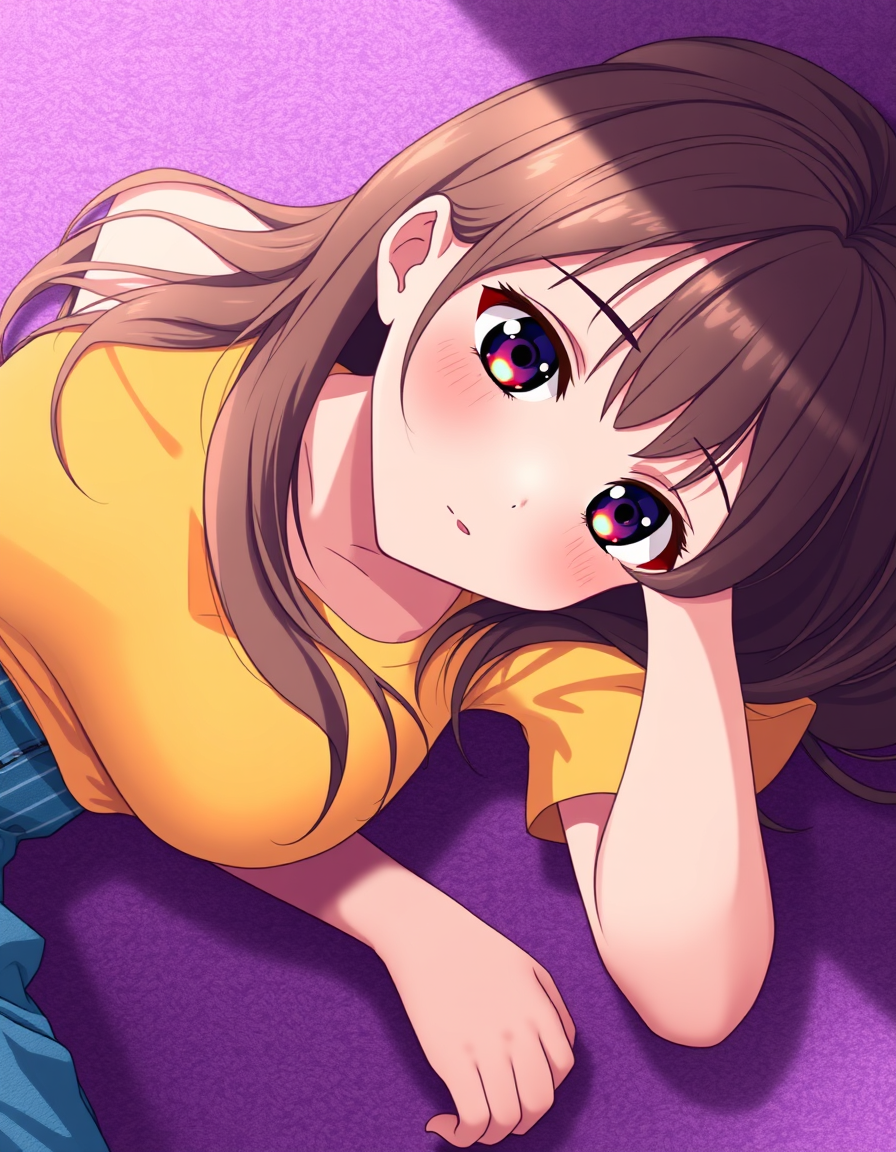 Main art studio: A close up romantic image of a beautiful teenage anime girl with a soft round face and long flowing brown hair around her face wearing a yellow should