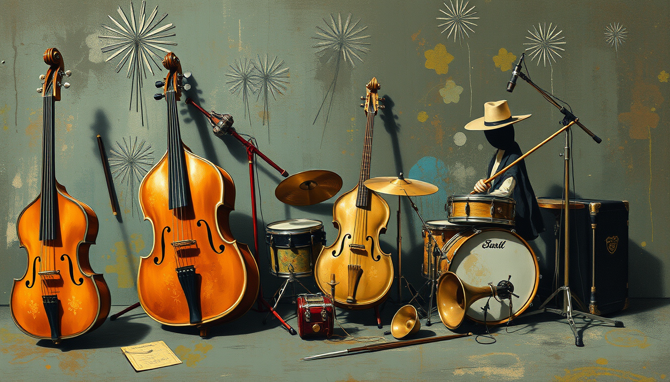 AI Art prompt example created from the prompt: Multinstrumentos jazz improvisando, vintage o deiseño antiguo tipo dibujo o pintura, llamativo y aabstracto