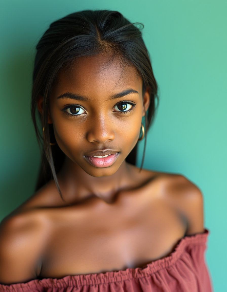 Main art studio: ebony teenager girl, skinny, straight hair, off shoulder top, portrait