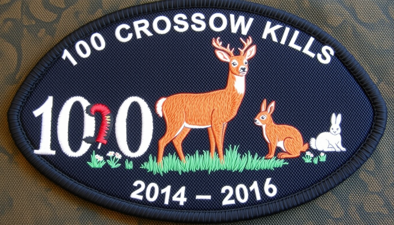 Main art studio: A patch with the words 100 Crossbow kills 2014-2016 with drawings of a Whitetail doe deer, ruffed grouse, squirrel and rabbit