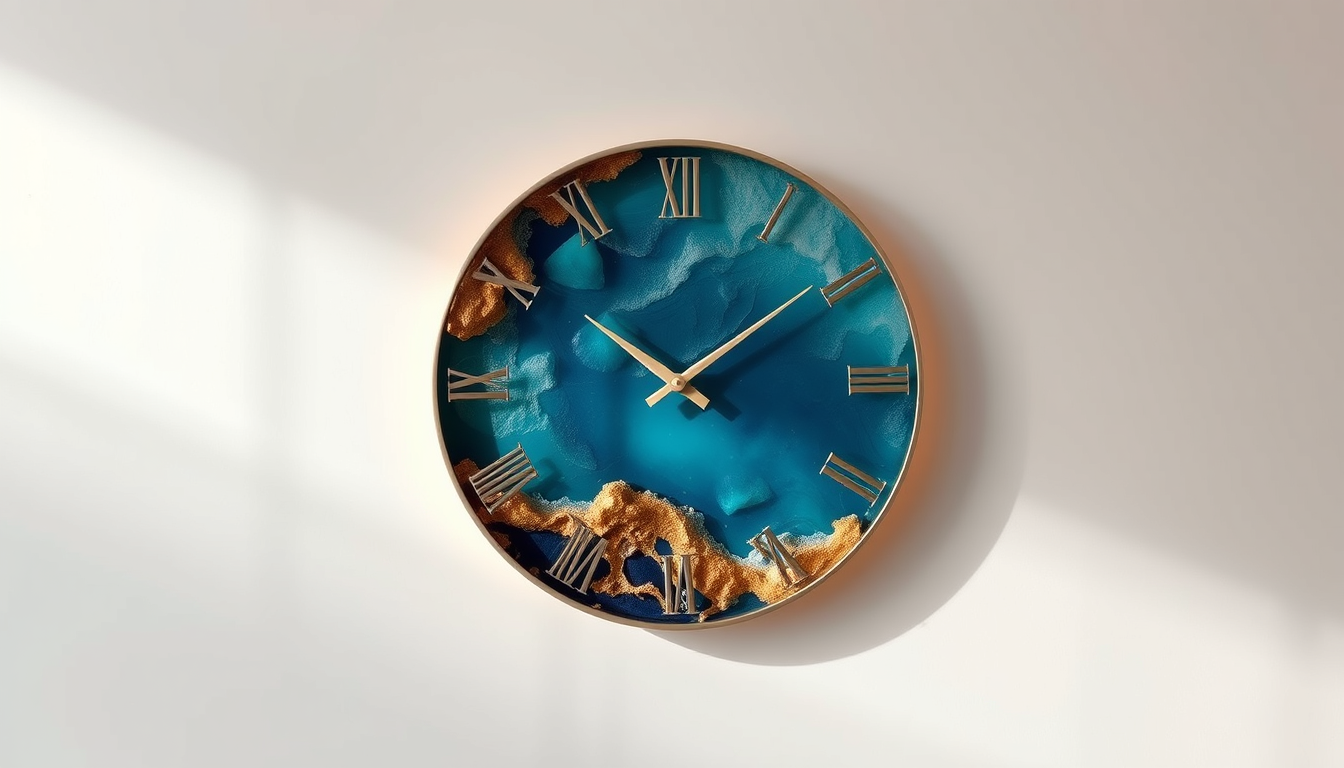 Main art studio: Elegant handmade resin wall clock, ocean blue and gold design, luxury gift, realistic product photography, soft warm lighting, white background, beaut