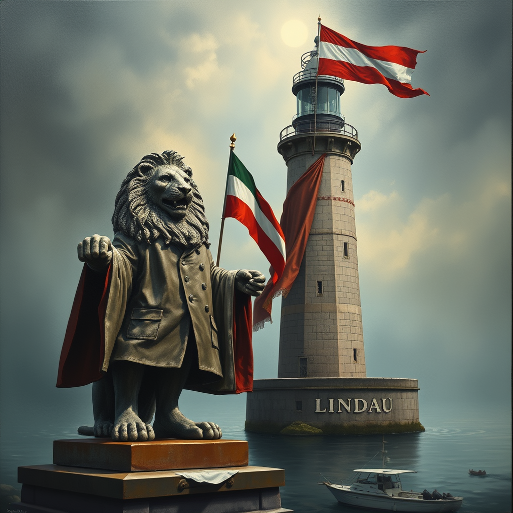 Main art studio: A cinematic and dramatic oil painting of the Lindau harbour entrance. The iconic Bavarian lion statue and the Lindau lighthouse are anthropomorphized