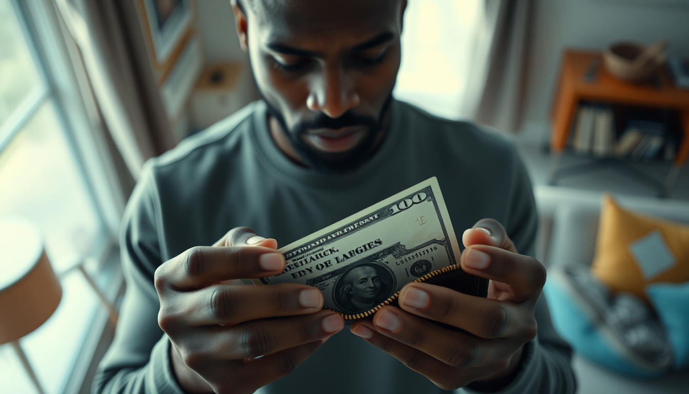 Main art studio: A black American man receives their paycheck on Friday. One by one, rent, utilities, groceries, subscriptions, and transportation costs appear and qui