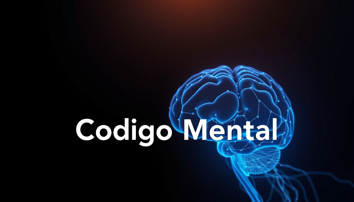 Main art studio: Professional YouTube banner for a channel called "Codigo Mental", dark modern background, futuristic psychology and neuroscience aesthetic, human brai