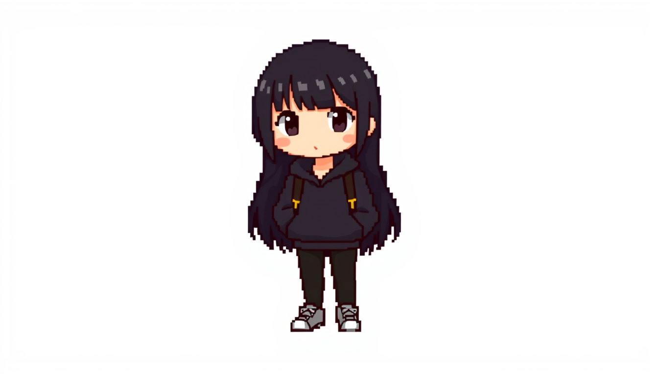 Main art studio: Tiny 2D pixel art game sprite, Roma, teenage girl with long black hair and bangs, dark oversized hoodie, black pants, light sneakers, small backpack. 