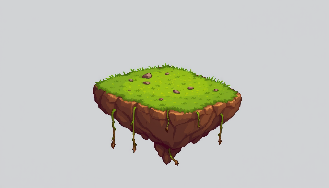 Main art studio: 2D pixel art platformer game asset, a floating dirt platform with an irregular natural shape, bright green grass on top, small hanging roots underneat