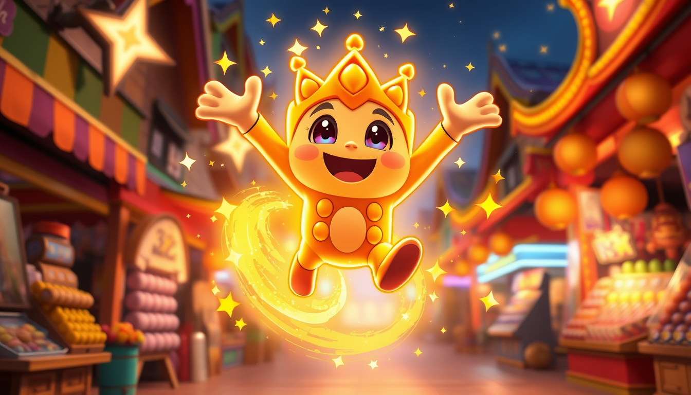 Main art studio: Same Cromdo character jumping happily in the air, magical golden energy swirling around his whole body, glowing eyes, sparkling stars everywhere, colo