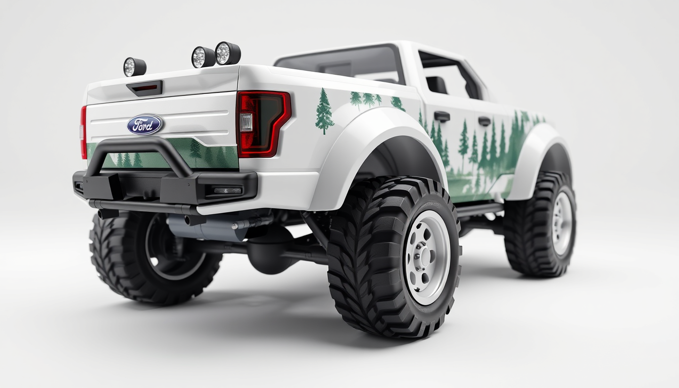 Main art studio: Create an ultra-detailed 3D render of a children's toy Ford pickup truck. White glossy plastic body with rounded edges, oversized wheels, and cute pro
