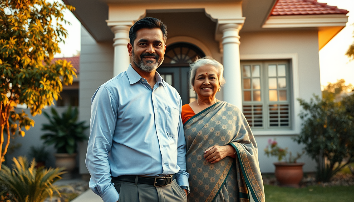 Main art studio: Same Indian man Aman several years later, now a successful and confident businessman, neatly styled black hair, light beard, wearing a clean formal sh