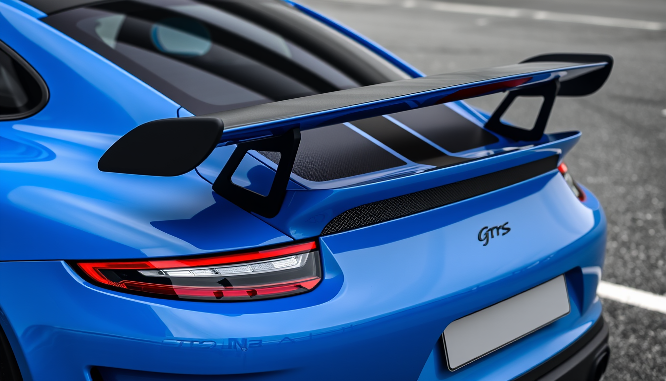 AI Art prompt example created from the prompt: porsche gt3rs neu blau schwarz spoiler gröser