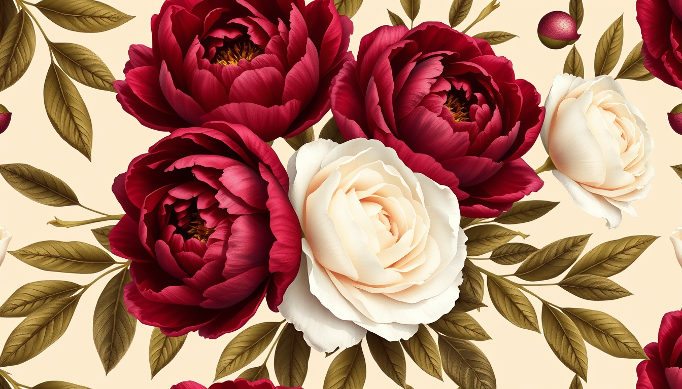 Main art studio: Luxury burgundy peonies, white French roses with lush layered petals, olive-green leaves, warm cream background, realistic botanical illustration, exq
