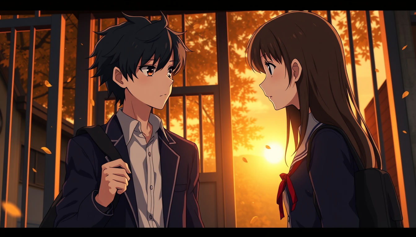 Main art studio: Create Scene 10 of the original cinematic Japanese anime romance movie October Theory. At the Japanese high school gates during a golden October sunse