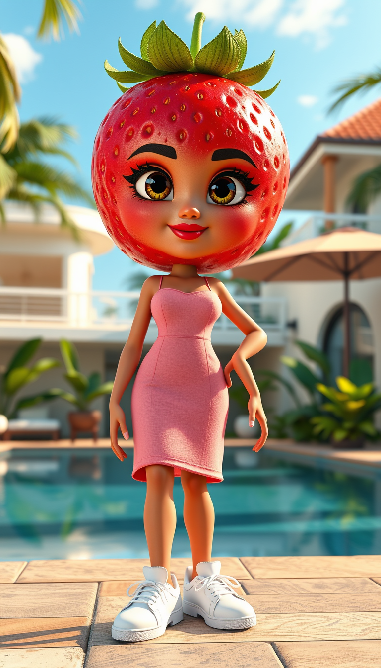 Main art studio: A cute anthropomorphic strawberry woman standing upright like a human, full body, realistic 3D animated movie style, bright red strawberry skin with t