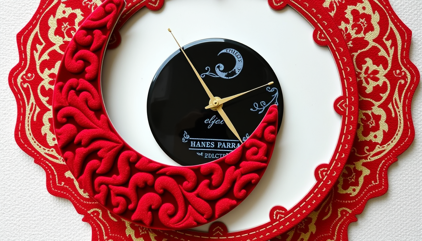 Main art studio: ### Image Prompt Handmade Persian resin wall clock on a round MDF base, with a glossy resin center and three separate curved MDF pieces layered over t