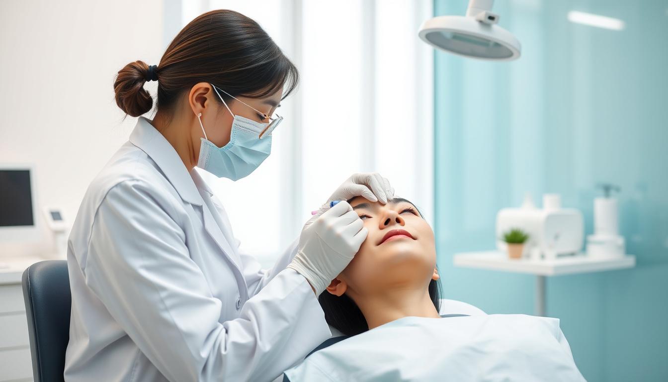 Main art studio: Create a high-quality 19:6 thumbnail image for a dermatology/plastic surgery Botox treatment. Depict a fictional Korean patient receiving a Botox inje