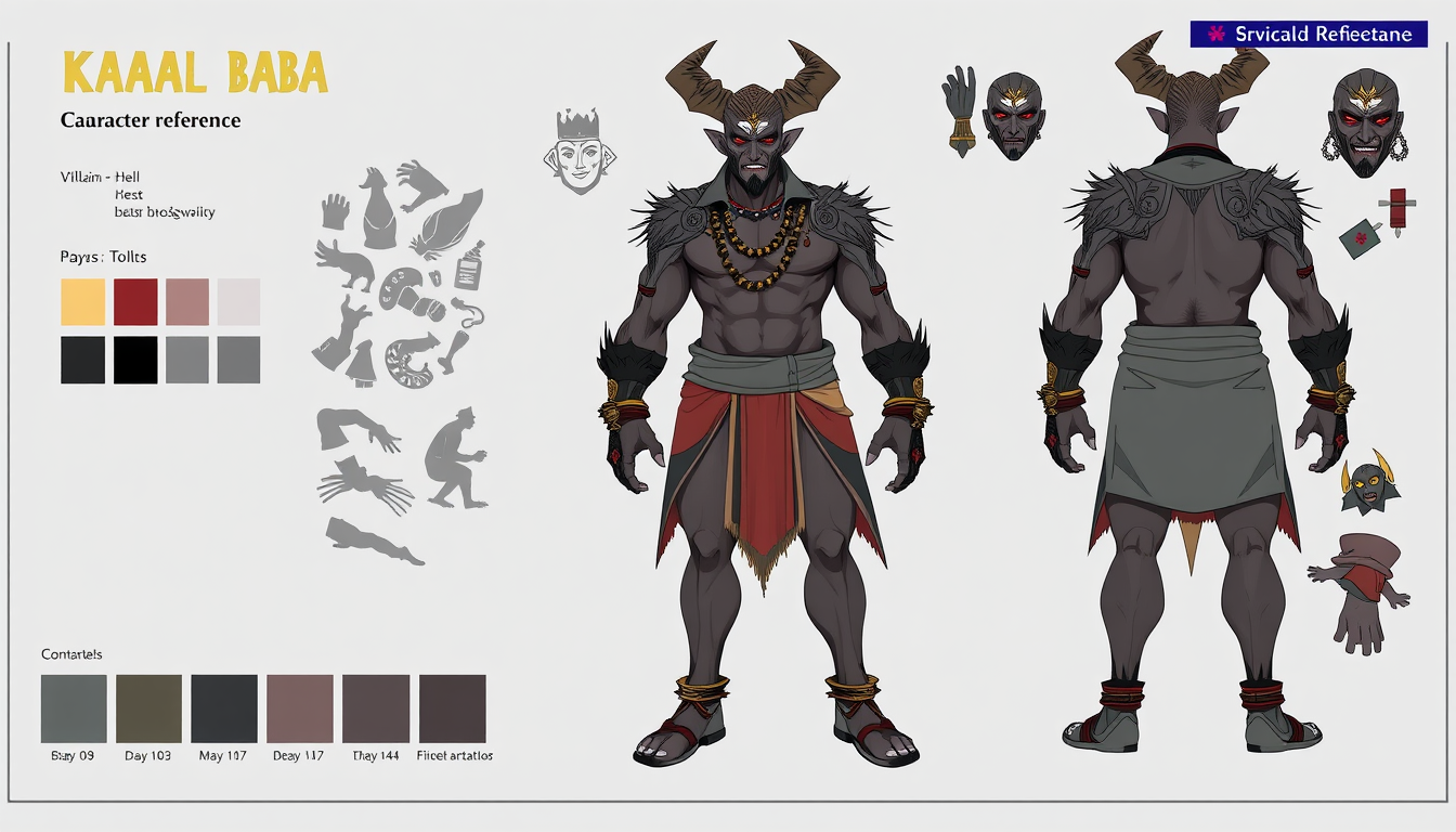 Character Sheet idea: a visual character reference sheet with a dominant full-body view, controlled details, palette swatches, and supporting expressions or accessories, de