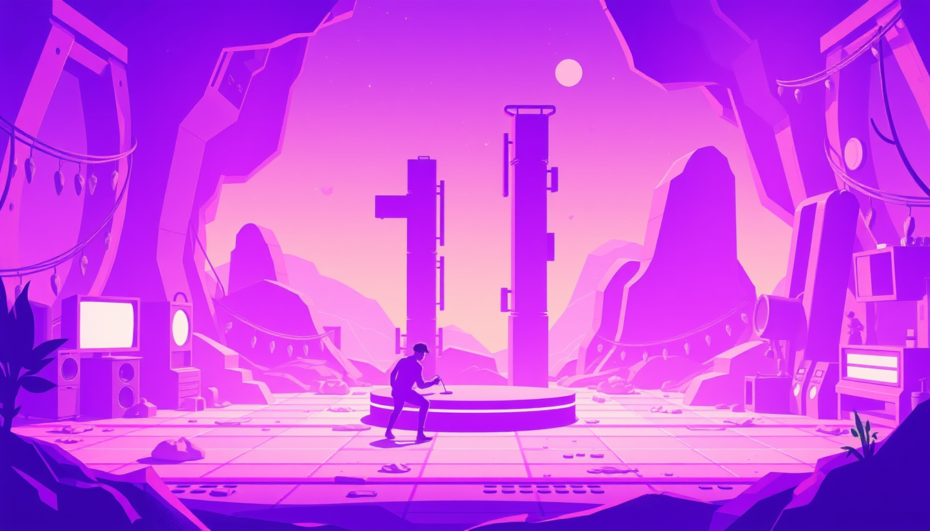 Main art studio: Un décors de jeu vidéo en isométrique et en dégradé de violet évoquant le rêve