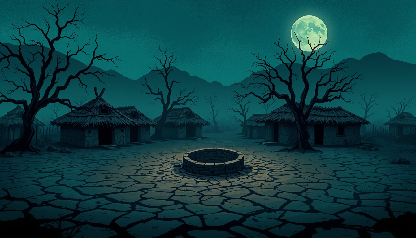 Main art studio: A spooky old Indian village at midnight, cracked dry earth, an ancient stone well in the center, abandoned mud houses, twisted leafless trees, thick f