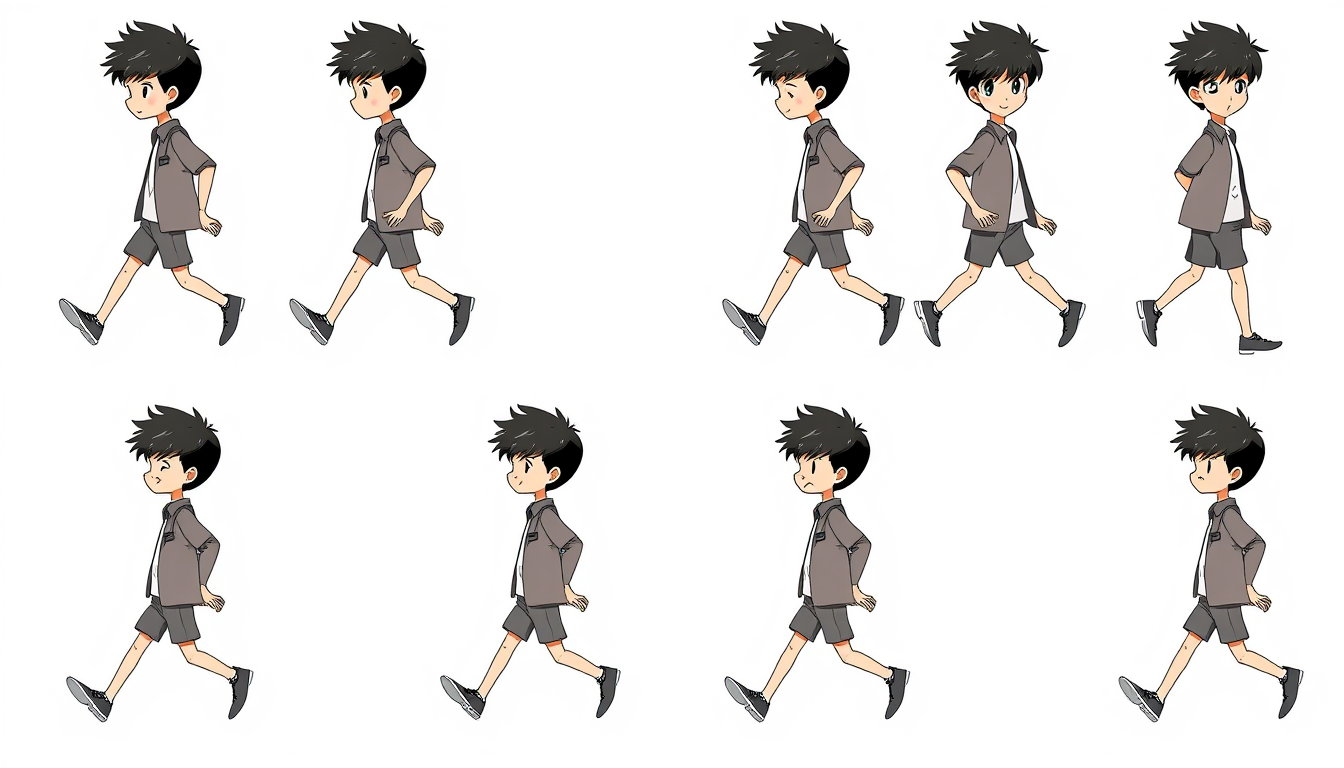 Sprite Sheet idea created from the prompt: a grid of animation frames sharing one character, scale, palette, and camera angle, deliberate composition, 8 anime walking frames, 4x2 grid