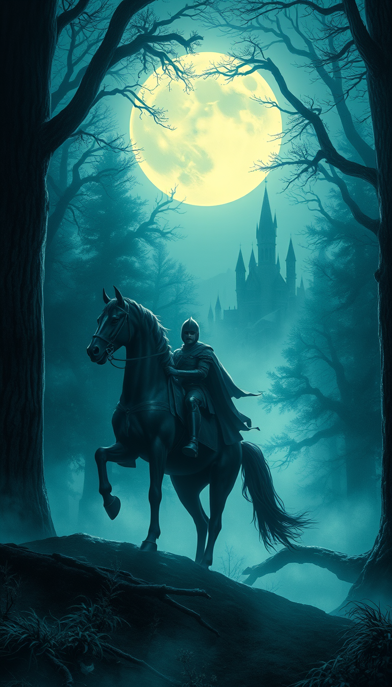 Main art studio: A mysterious medieval knight in black armor rides a powerful horse through a dark enchanted forest at night. Moonlight shines through enormous ancient
