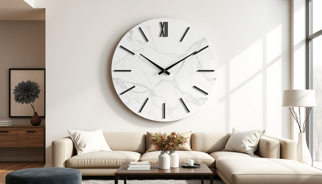 Main art studio: Luxury marble-pattern resin wall clock, elegant white and soft gray marble veins, glossy resin finish, modern round design, beautifully displayed on a