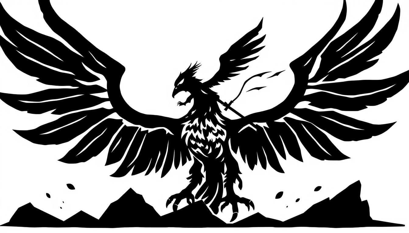 Stencil idea created from the prompt: high-contrast stencil concept, solid connected black shapes, minimal isolated islands, Phoenix burning a goblin thief. , thick readable edge