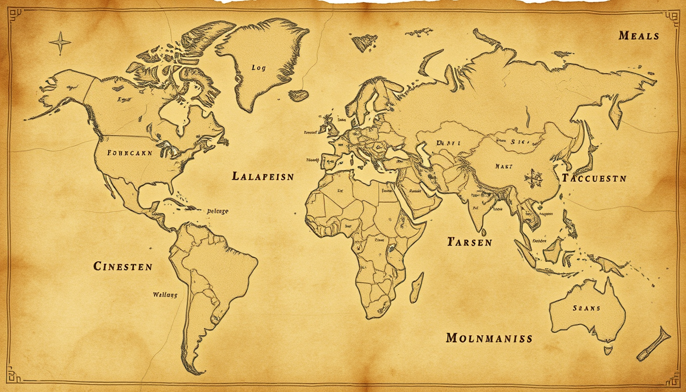 Fantasy Map idea created from the prompt: fantasy world map, hand-drawn cartography, aged parchment, mountains forests and coastlines, 大陸の中央に、巨大なガルムガルド帝国。東側にユードラシア公国、西側にムベル共和国。極東の地図の