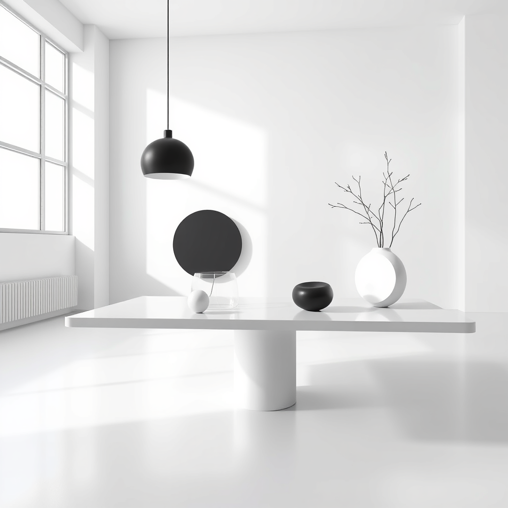 Main art studio: Still life of and Ultra minimal retro CGI forms on an table on a limial empty room. Basic colors. Bauhaus like minimalism and textures. 2D. Openess an