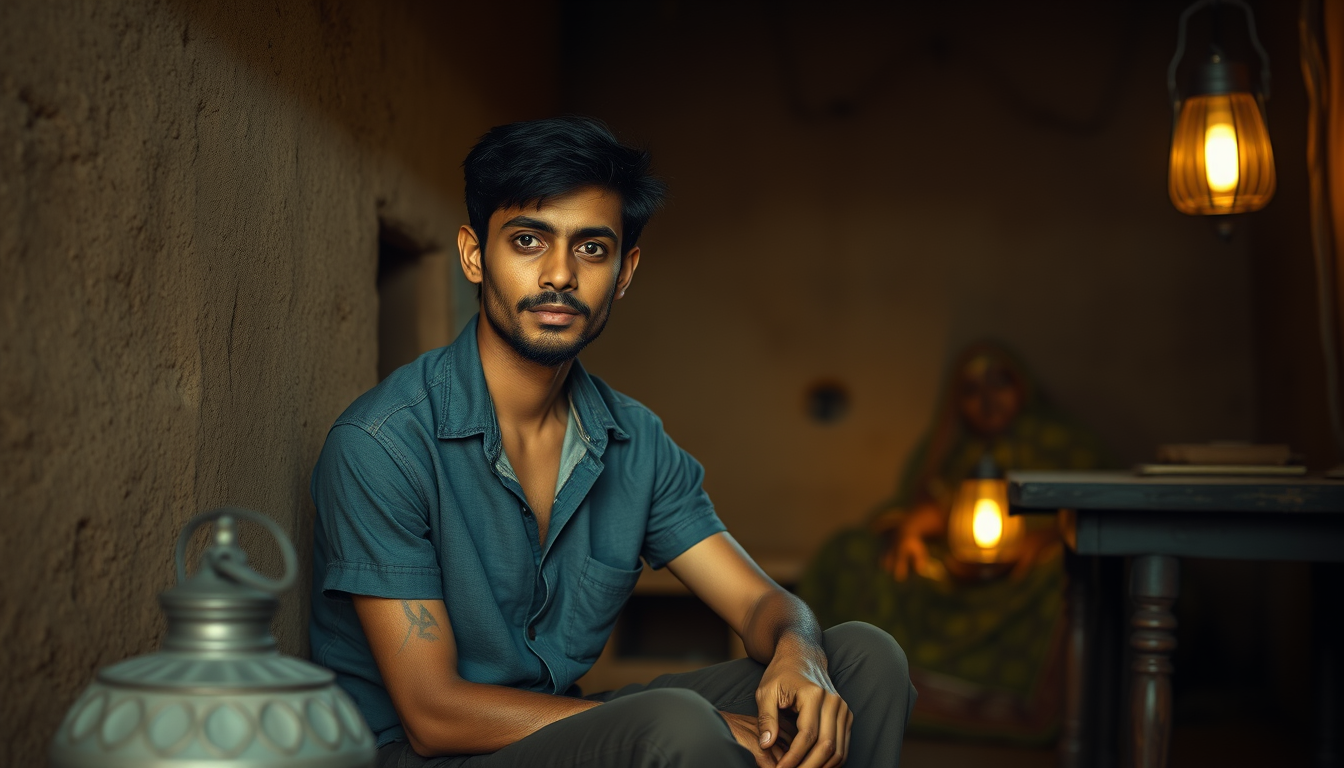 Main art studio: A poor 22-year-old Indian village boy named Aman, slim body, wheatish skin, short black hair, light beard, wearing a faded blue shirt and dark brown p