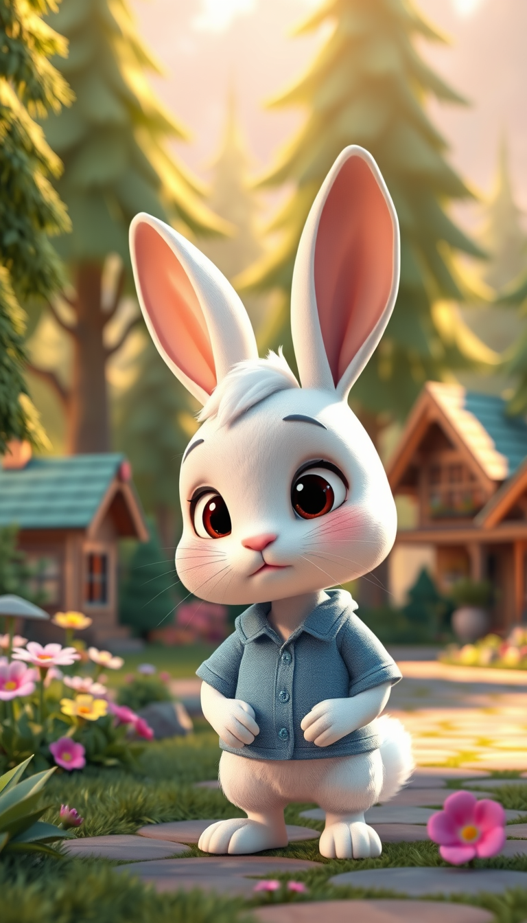 Main art studio: A cute little white rabbit with big expressive eyes, wearing a small blue shirt, standing in a beautiful colorful 3D cartoon forest village. Bright gr