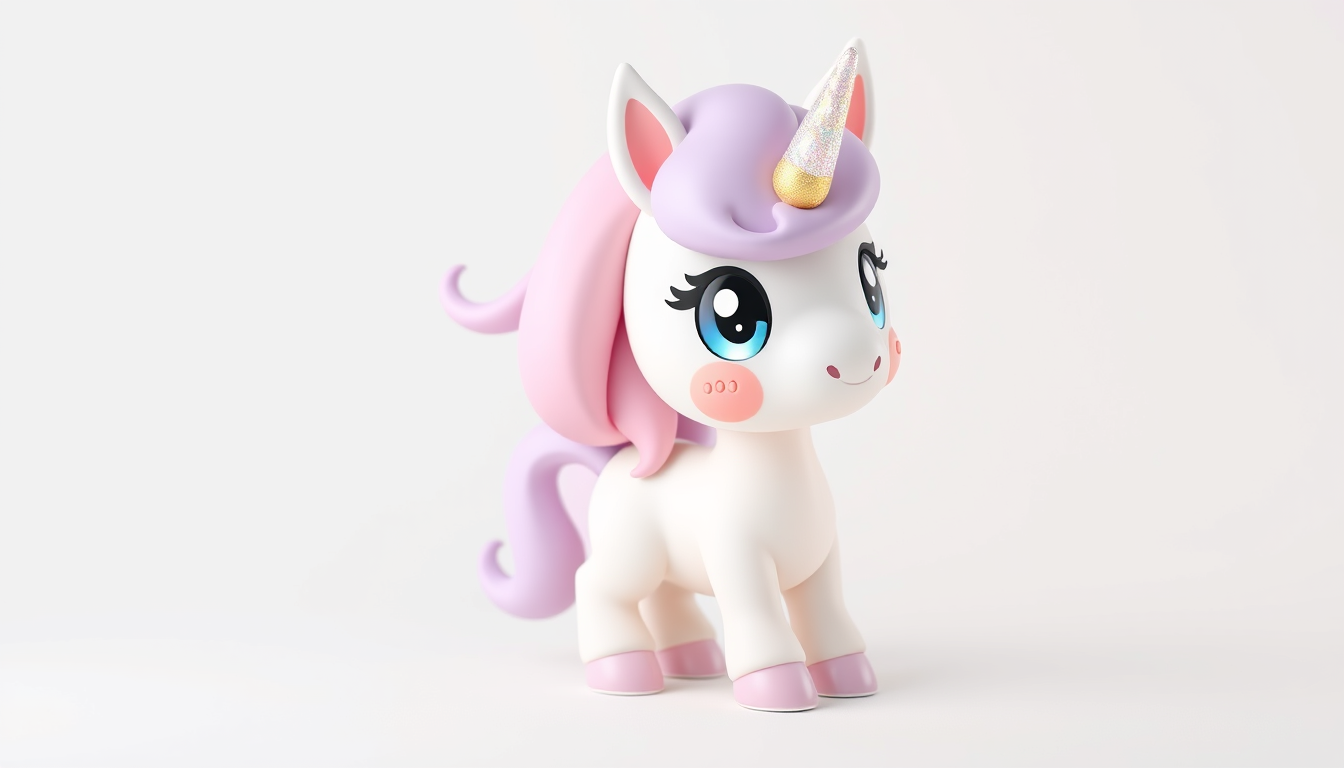 AI Art prompt example created from the prompt: A cute pastel unicorn character, soft pastel colors (pink, lavender, mint, baby yellow), fluffy and whimsical design, big sparkling eyes, a