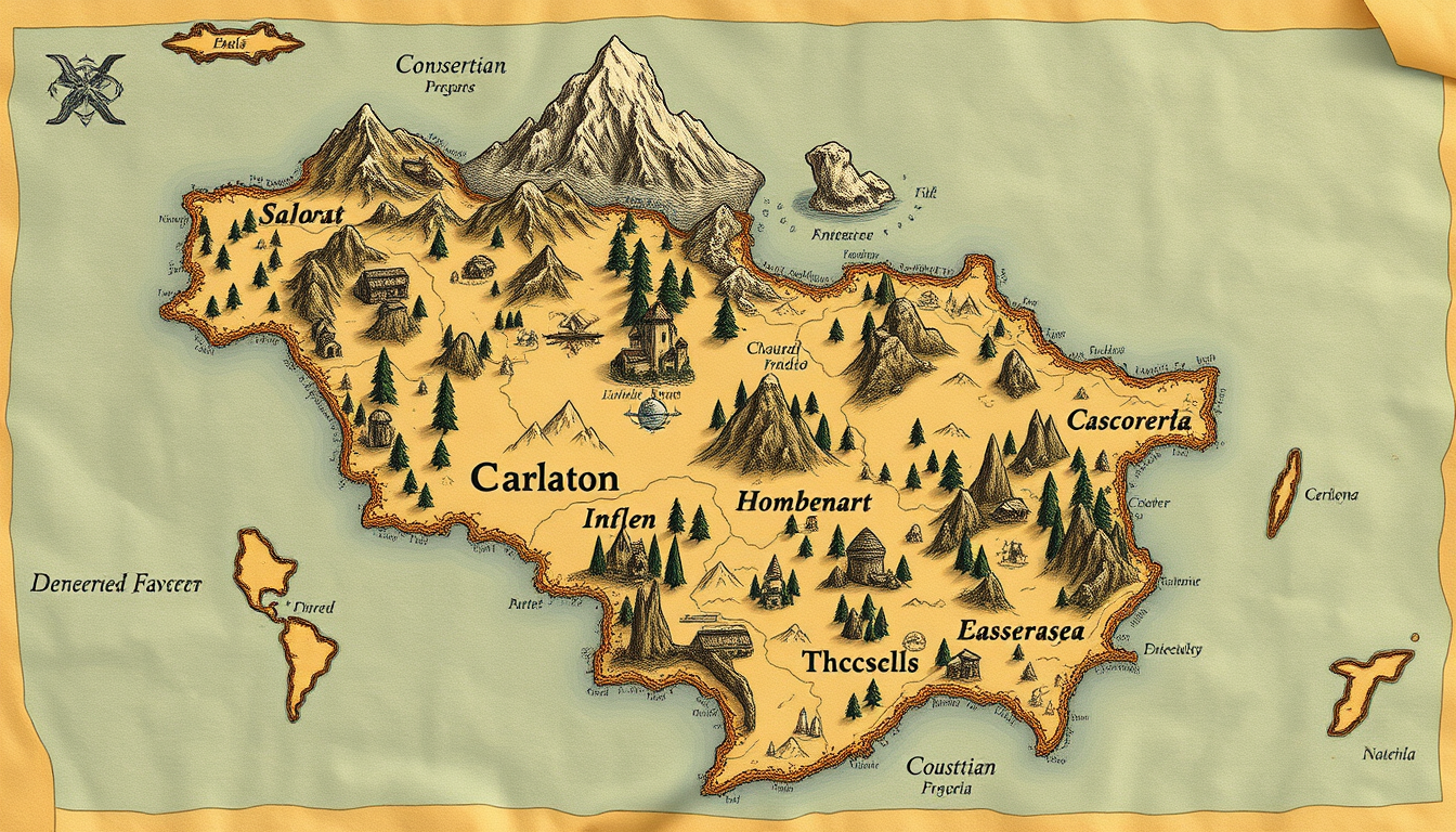 Fantasy Maps idea: fantasy world map, hand-drawn cartography, aged parchment, mountains forests and coastlines, Un continent fictif avec des péninsule qui n'est pas la p