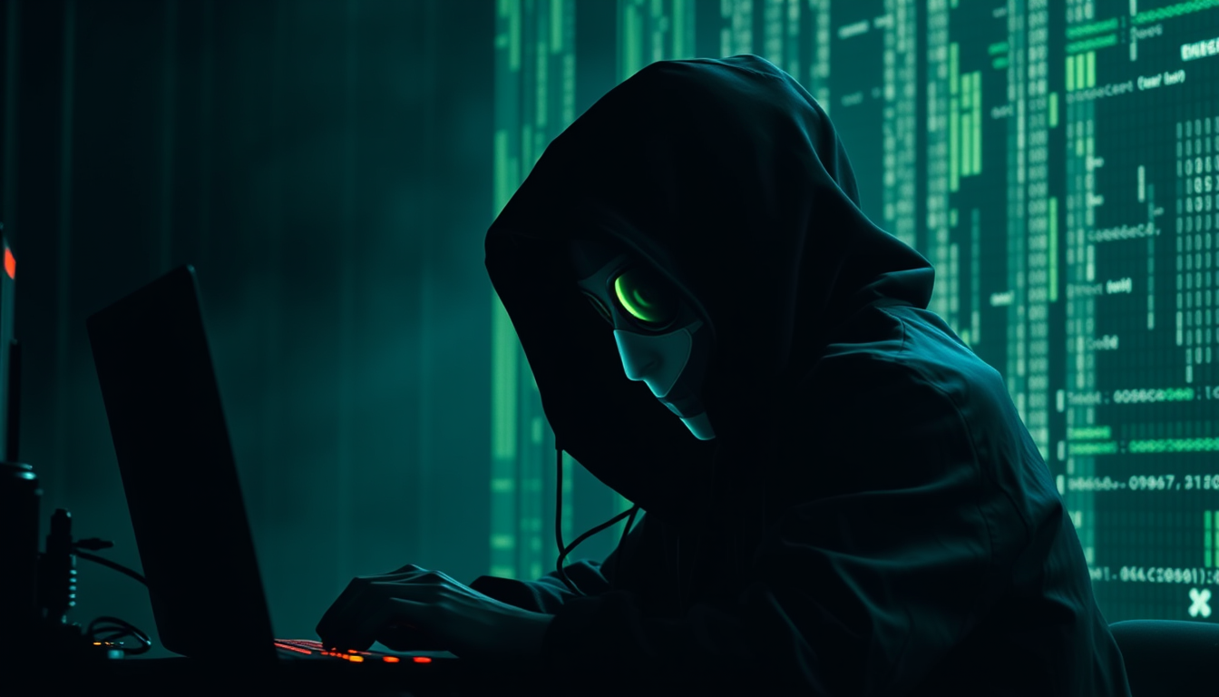 Main art studio: hacker sentado en la obscuridad realista, con maquina programando en bash