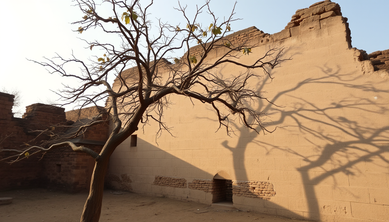 Main art studio: Dry branches of an old tree moving in the wind beside the ruined walls of Bhangarh Fort, moving leaves casting unusual shadows on the sandstone walls,