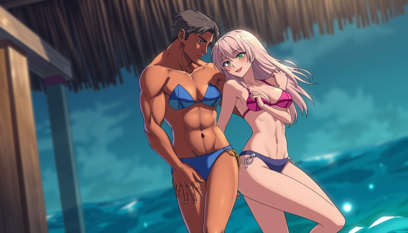 Main art studio: Eine Anime Frau in bikini küsst ein mann