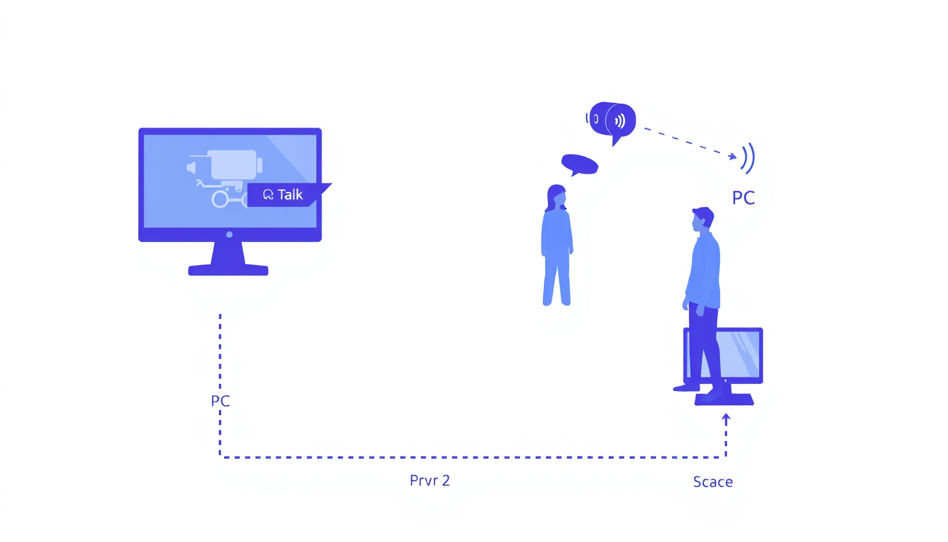 Main art studio: Create a clean 2D workflow illustration for an NVR camera monitoring system. Show Person 1 sitting at a PC, viewing a live camera feed from an NVR wit