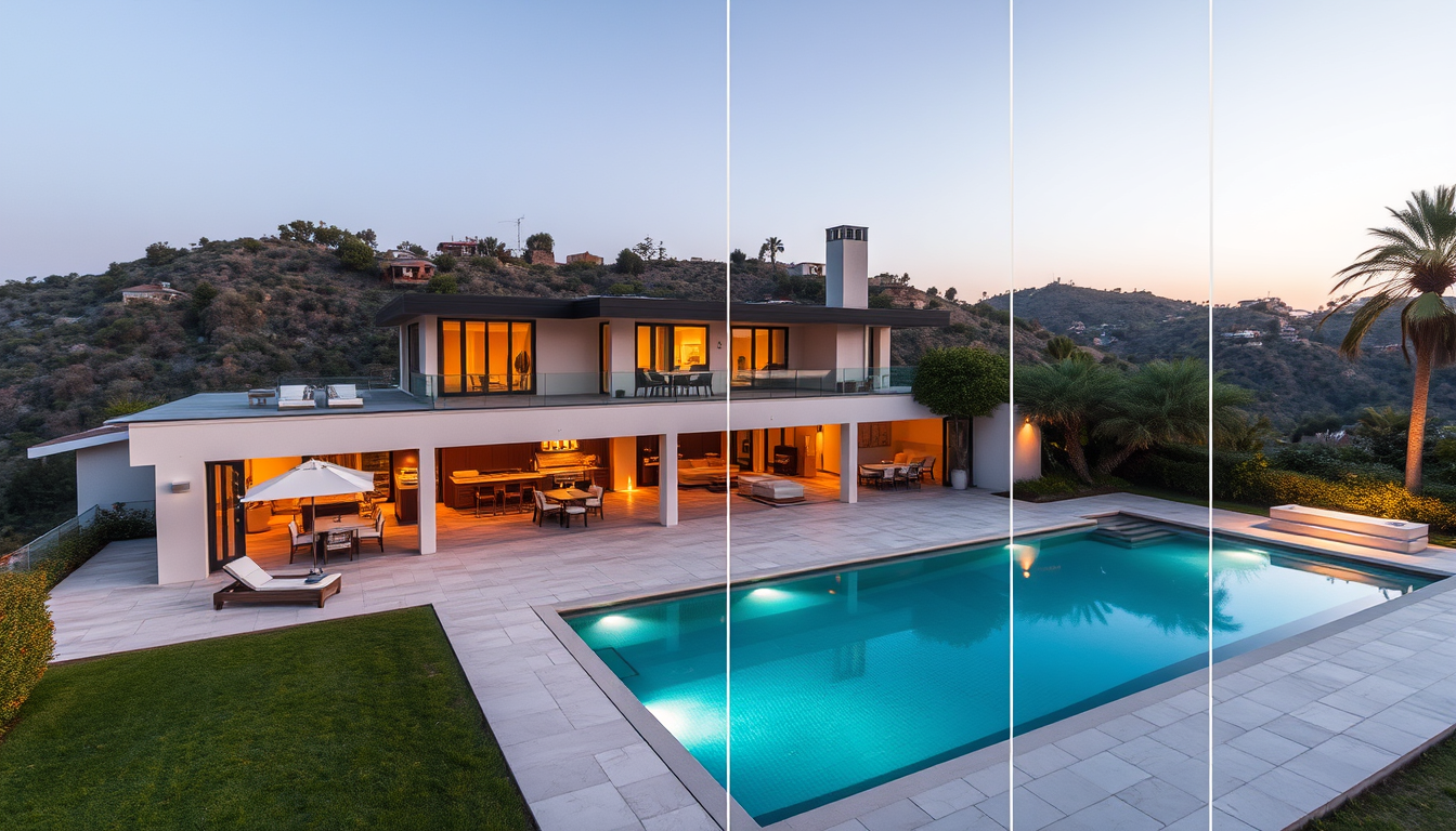 AI Art prompt example created from the prompt: eine villa in hollywood hills mit einer risen gerage das bild soll aufgeteilt sein mann soll ein bil vom haus sehen und 4 bilder von der gro