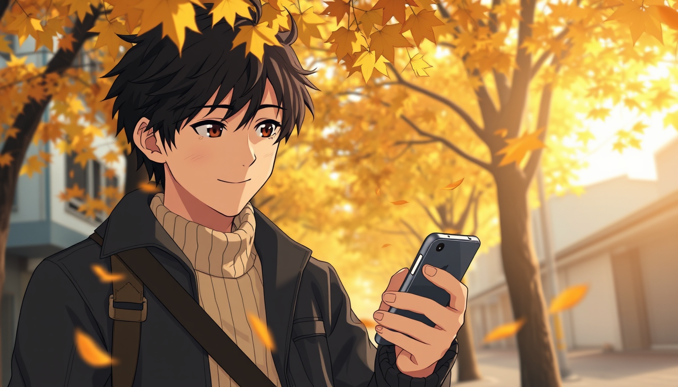 Main art studio: Create Scene 18 of the original cinematic Japanese anime romance movie October Theory. Haruki Tanaka, now 18 years old, stands beneath golden autumn m
