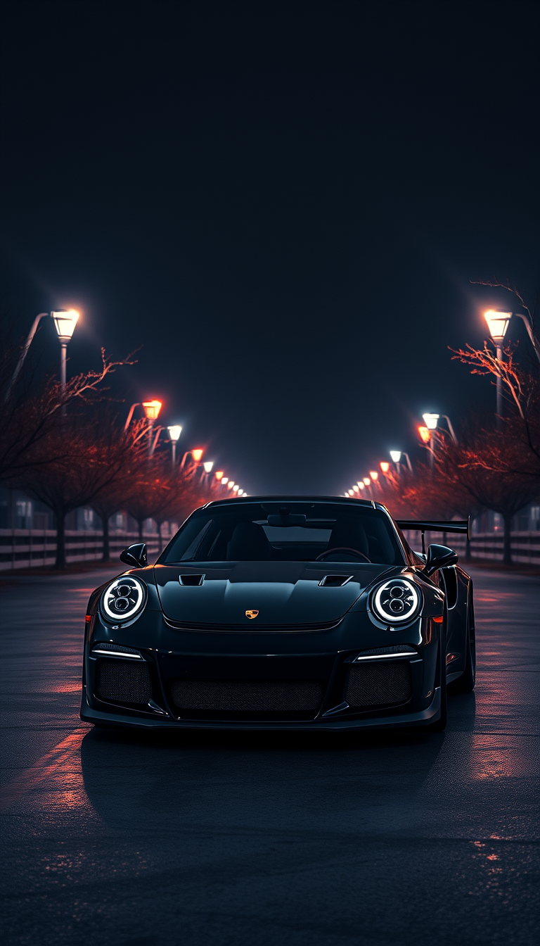 Phone Wallpaper idea created from the prompt: phone wallpaper, vertical 9:16 composition, striking detailed scene, lock screen, porsche 911 gt3rs magical dark colors , high-resolution mo