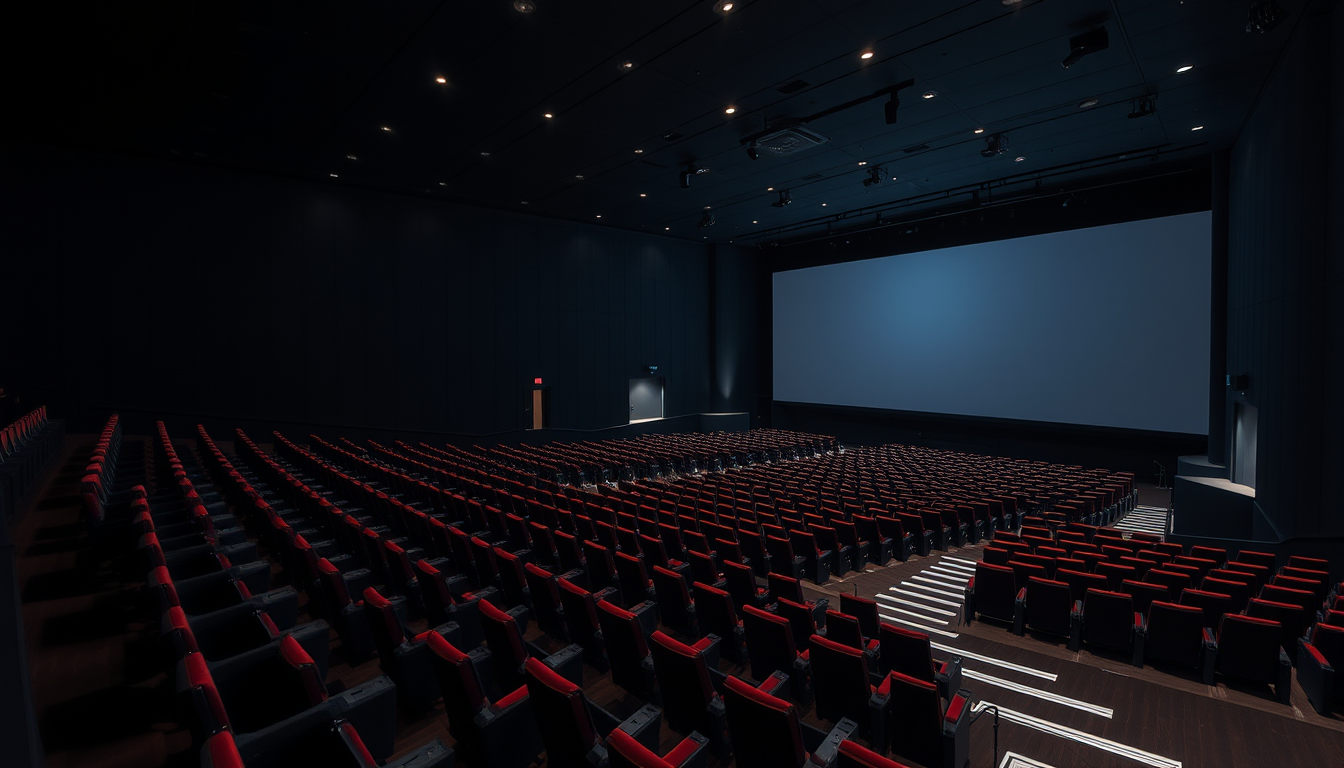 Main art studio: A large modern cinema auditorium, completely empty, viewed from a high corner near the ceiling on the upper left side of the room. Wide cinematic pers
