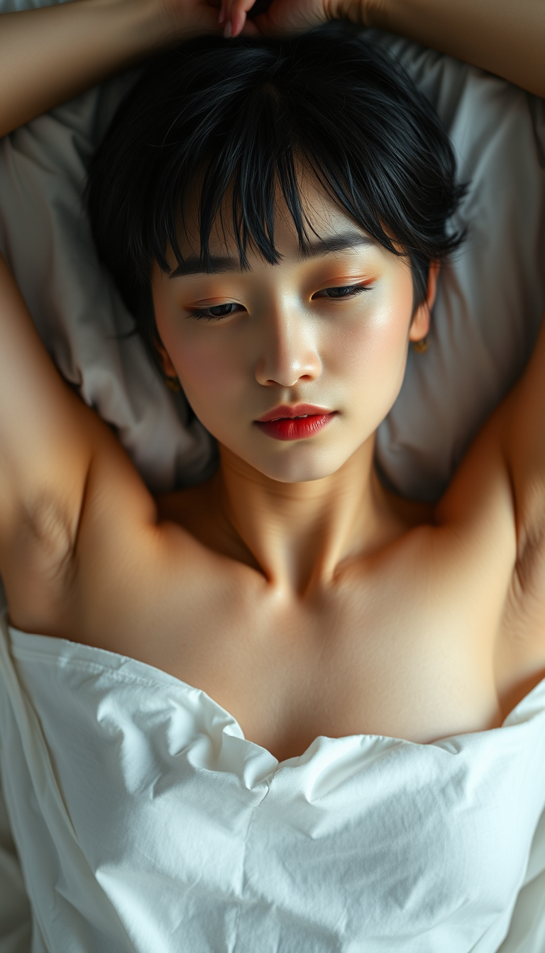 AI Art prompt example created from the prompt: Adult Japanese woman, short black hair, no makeup, delicate Japanese features, soft oval face, refined jawline, face straight toward camera.