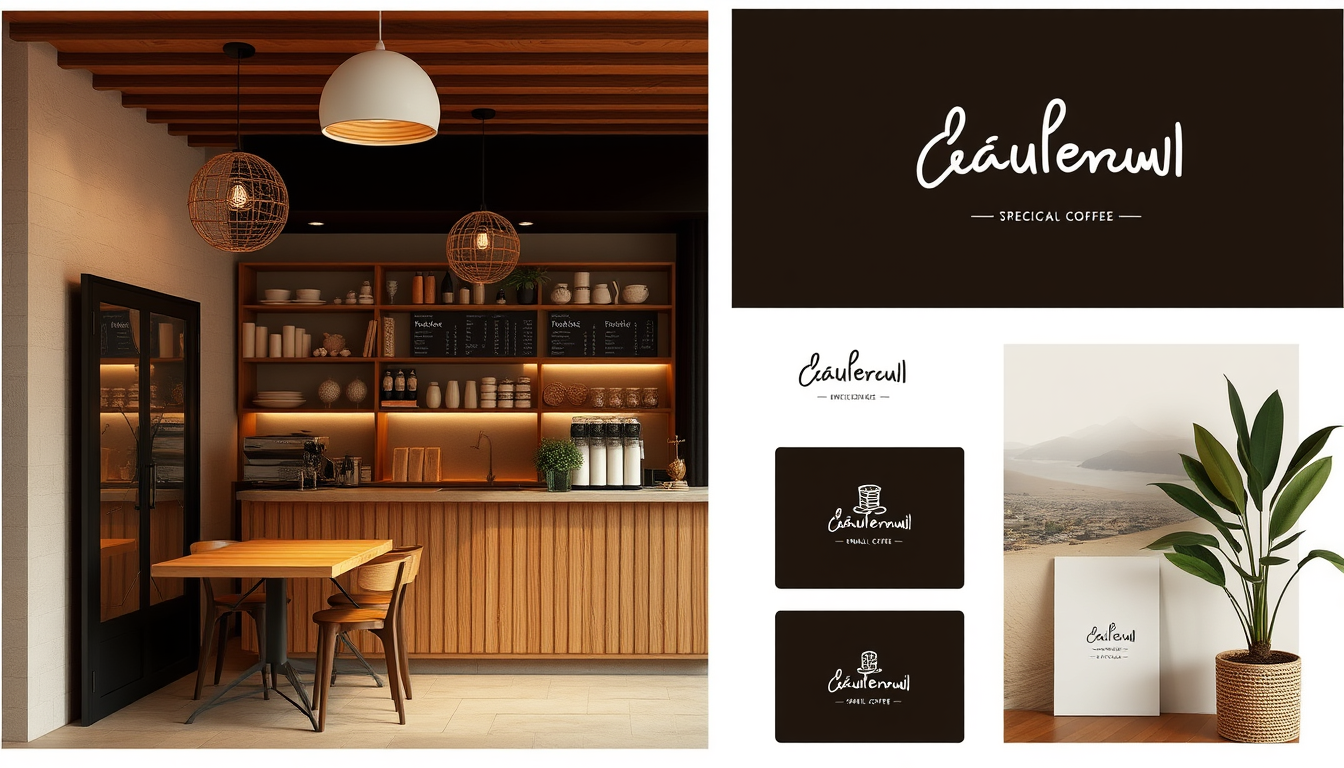 Main art studio: Create a professional branding moodboard for a **small, modern, cozy premium coffee shop in Nabeul, Tunisia**. **Style:** Modern Mediterranean × Nabeu