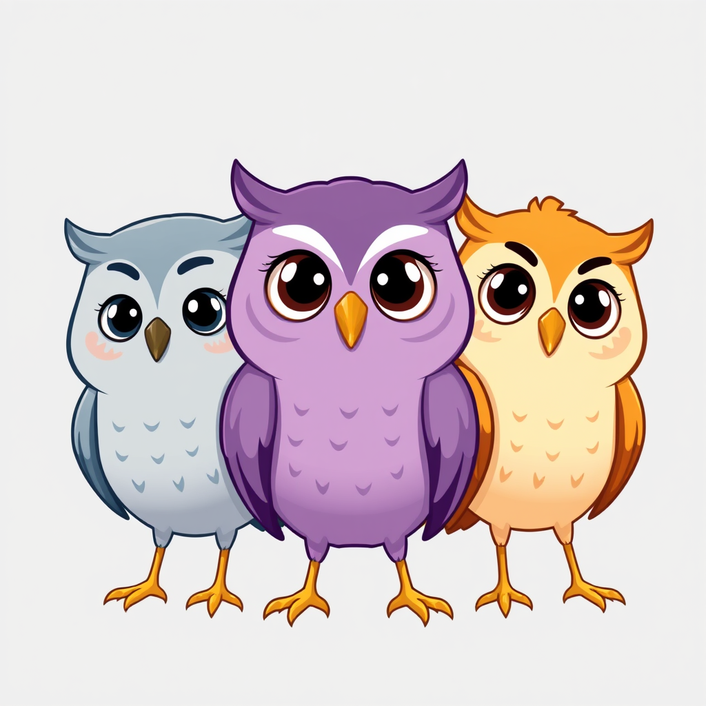 Main art studio: Modern university study app mascot, exactly three adorable cartoon owls side by side. Natural spacing, each with a different head pose, but all lookin