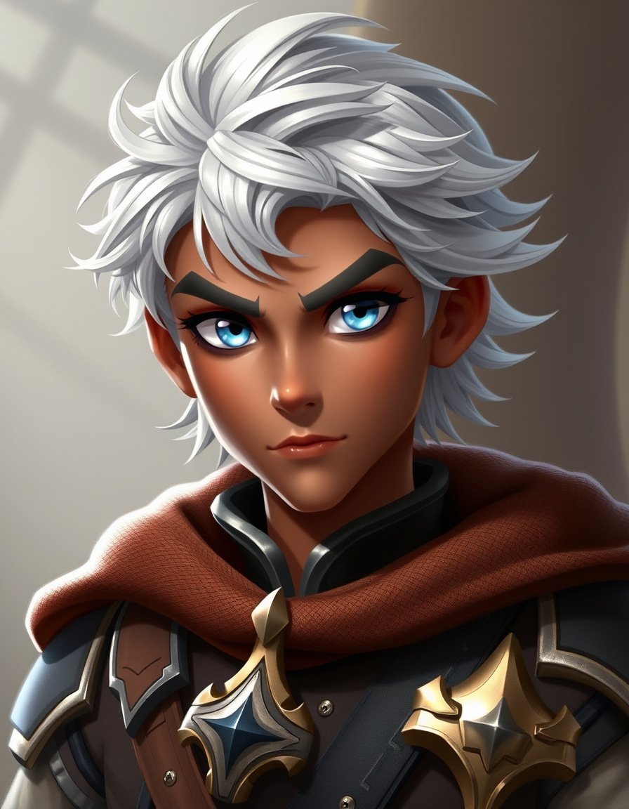Main art studio: Young handsome fantasy prince, silver hair, blue eyes, deep caramel skin, strong gaze, serious and honorable, competitive and slightly arrogant, elega