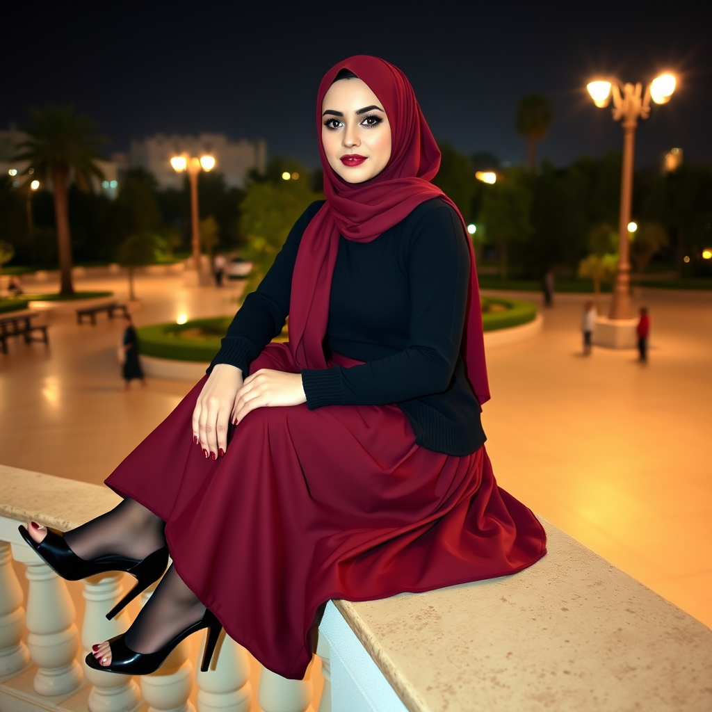 Main art studio: beautiful arabic young woman with very white skin, eyeliners, shiny fair glossy lips, she is wearing, burgundy hijab, black tight t shirt, black cardi