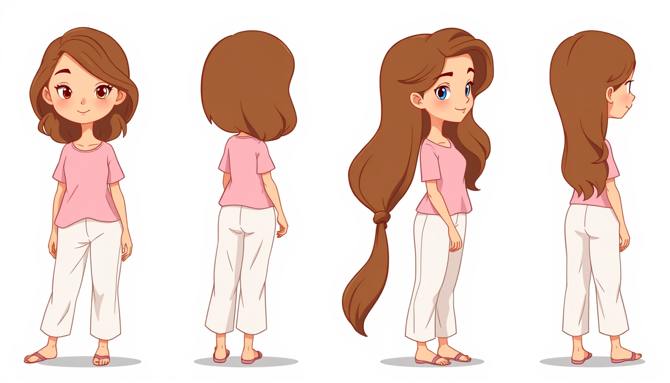 Main art studio: Beautiful 15-year-old cartoon girl, medium height, wheat-toned skin, loose wavy brown hair, elegant simple style. Light pink T-shirt and loose white p