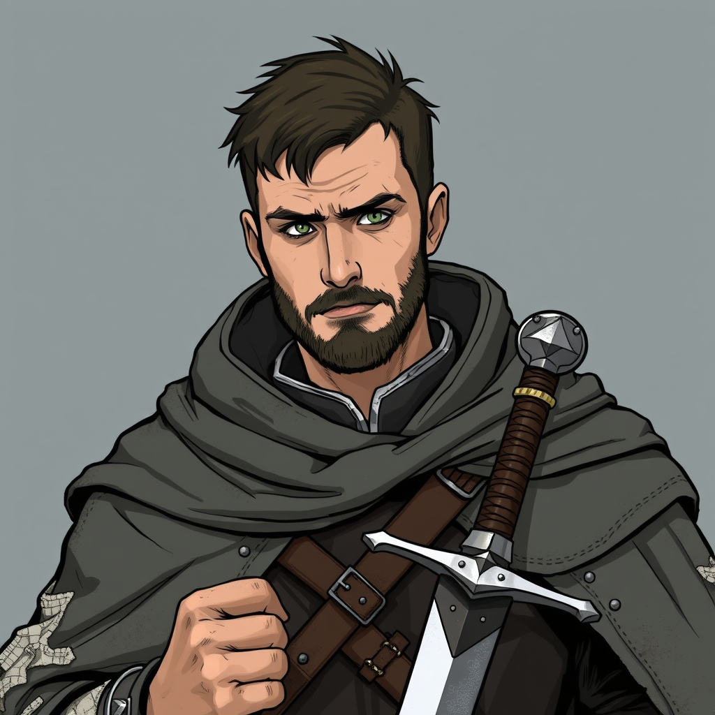 Main art studio: Stilisierte, düstere mittelalterliche Fantasy-Illustration: Raban, 28, ehemaliger Soldat, drahtig und kräftig, kantiges erschöpftes Gesicht, kurz gesc