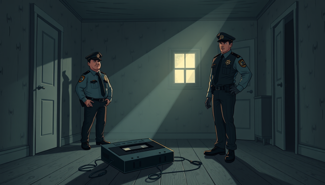 Main art studio: 2D dark horror cartoon, cinematic morning horror atmosphere, vertical 9:16. Police officers standing inside the abandoned house after Samir and his yo